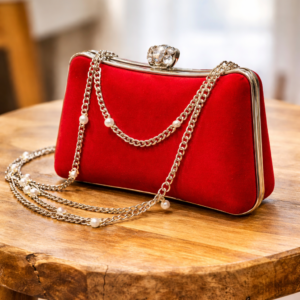 Red Velvet Clutch with Pearl Chain