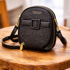 Black Mini Crossbody Bag with Floral Embossed