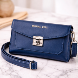 Navy Blue Envelope Clutch with Lock & Detachable Strap