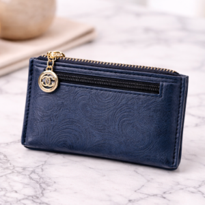 Navy Blue Zip Wallet with Gold Charm