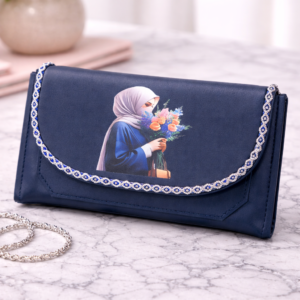 Elegant Navy Blue Printed Clutch with Chain Strap