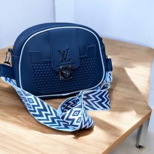 Navy Blue Crossbody Bag with Patterned Adjustable Strap
