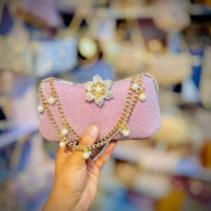 Pink Glitter Clutch with Pearl Chain